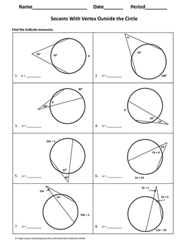 Geometry Worksheet: Secants - Vertex Outside the Circle by My Math Universe