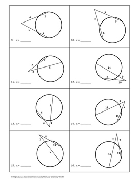 Geometry Worksheet: Secants - Vertex Outside the Circle by My Math Universe