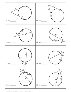 Geometry Worksheet: Secants - Vertex Outside the Circle by My Geometry ...