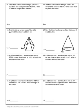 Geometry Worksheet: Surface Area of Pyramids and Cones by ...