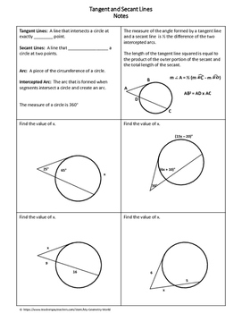 Geometry Worksheet: Tangent and Secant Lines by My Geometry World