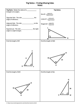 Geometry Worksheet Trig Finding Missing Side Lengths By My Geometry World