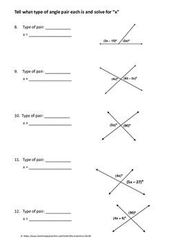 Geometry Worksheet: Vertical, Adjacent, and Linear Pair Angles  TpT