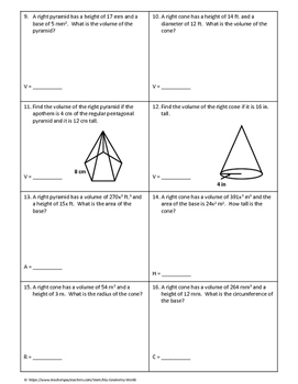 Geometry Worksheet: Volume of Cones and Pyramids by My Geometry World