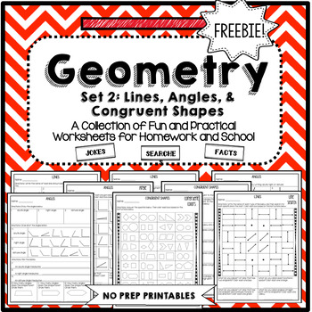 Preview of Geometry Lines, Angles and Congruent Shapes Worksheets FREE!