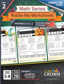 Preview of Geometry Worksheets Pack 2 - Perimeter, Area, Volume - Math Riddles - 5th–8th