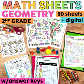 Preview of 2nd Grade Geometry Math Worksheets - 2D and 3D Shapes, Fractions, Partitioning