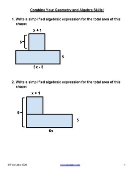 Preview of Geometry and Algebra Problems - Simplify compound areas, no exponents