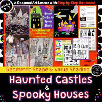 Preview of Middle School Autumn Drawing Lesson: Haunted Castles and Houses + Geometry!