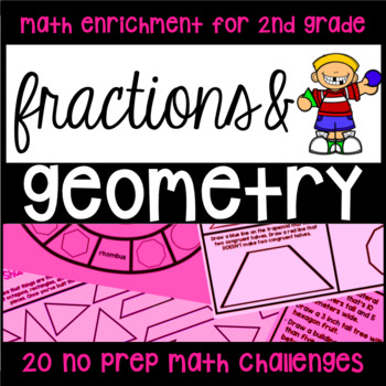 Preview of Geometry and Fractions - 20 NO PREP Math Challenge Printables - 2nd Grade