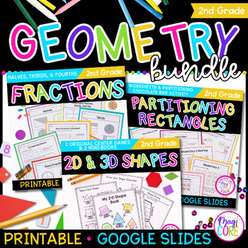 Preview of Geometry and Fractions Bundle - 2nd Grade Math Worksheets Lessons Activities