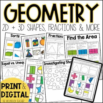 Preview of Geometry and Fractions Worksheets and Assessments | Activities & Google Slides