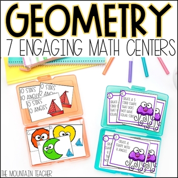 Preview of Geometry Activities - Shapes, Angles, Sides, Area & Patterns Math Centers