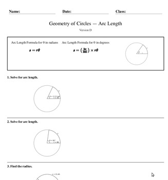 Preview of Geometry of Circles- Arc Length, Version D