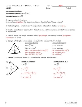 Geometry to the Point - Lesson 29 Notes - Surface Area & Volume of Cones