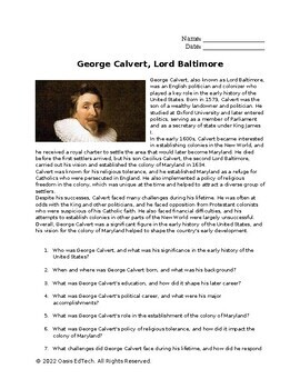 Preview of George Calvert, Lord Baltimore Worksheet
