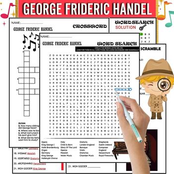 Preview of George Frideric Handel Biography Composer Study, PUZZLE,Wordsearch & Crossword
