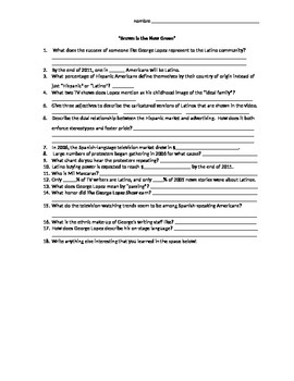 Preview of George Lopez "Brown is the New Green" video worksheet / viewing guide