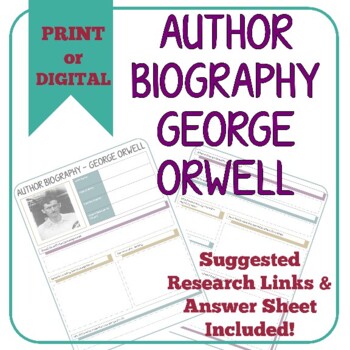 Preview of George Orwell Author Biography Worksheet, Answer Sheet, PDF/PPT Form