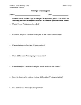 Preview of George Washington Article (Reading Level 2) Comprehension Worksheet