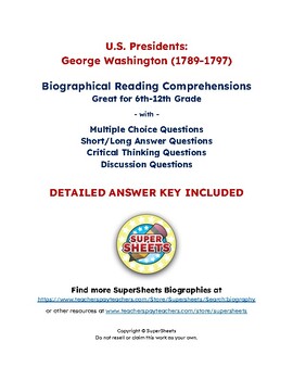 Preview of George Washington Biography: Reading Comprehension & Questions w/ Answer Key