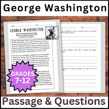 Preview of George Washington Biography Reading Passage & Questions Grades 7-12 US History