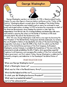 Preview of George Washington Biography Worksheet Presidents Day Bio Reading Comprehension