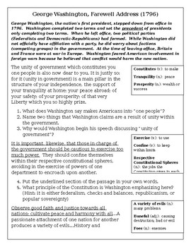 Preview of Primary Document Worksheet: George Washington, Farewell Address (1797)