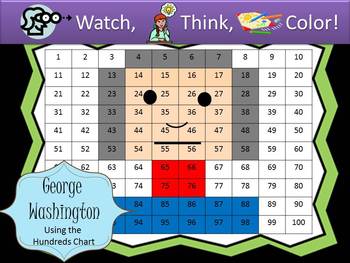 Preview of George Washington Hundreds Chart Fun - Watch, Think, Color Mystery Pictures