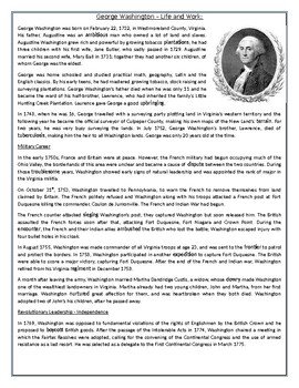 Preview of George Washington – Life and Work: Reading Comprehension Worksheet