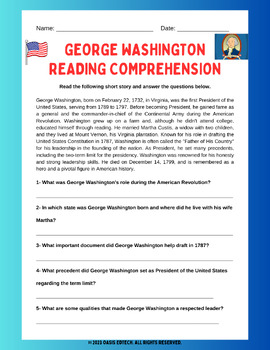Preview of George Washington Reading Comprehension Worksheet
