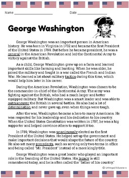 Preview of George Washington Reading with Differentiated Questions and Vocabulary!