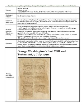 Preview of George Washington’s Last Will and Testament Document Analysis