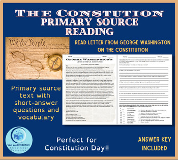Preview of George Washington's Letter on the U.S. Constitution - Primary Source Worksheet