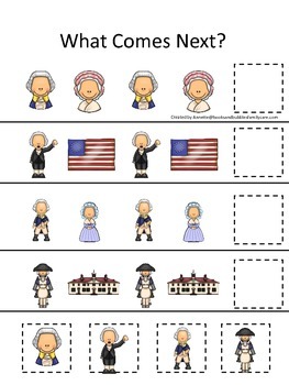 Preview of George Washington themed What Comes Next preschool learning activity.