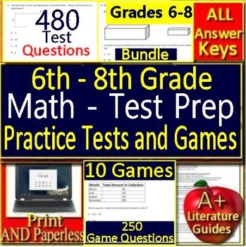 Preview of 6th, 7th and 8th Grade Test Prep Math SELF-GRADING GOOGLE FORM TESTS + Games