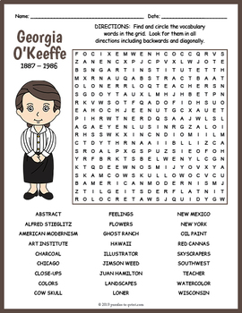 Georgia O'Keeffe Word Search Worksheet by Puzzles to Print | TpT