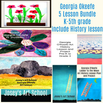 Preview of Georgia O'keefe Art Lesson Bundle 5 Projects with History Lesson Sub Plan Idea