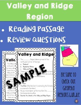 Georgia Regions Ridge and Valley Reading Passage with Questions | TPT