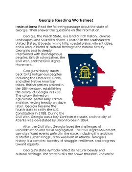 Preview of Georgia State Profile & History Reading Worksheet w/Answer Key **Editable**