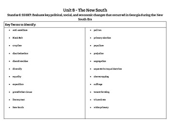 Preview of Georgia Studies Unit 8 - The New South - Study Guide and Answer Key