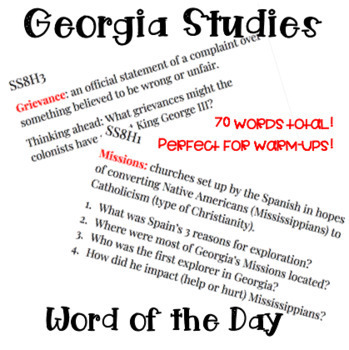Preview of Georgia Studies Word of the Day (Warm-Up, Bell Ringer, or Review!)