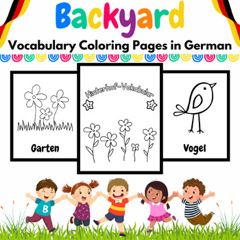 Preview of German Backyard Vocabulary Coloring Pages for PreK & Kinder Kids - 50 Printables