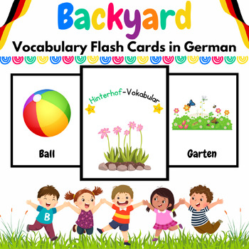 Preview of German Backyard Vocabulary Flash Cards for PreK & Kinder Kids - 50 Printables