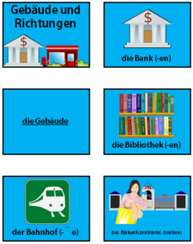Preview of German (Deutsch) - Buildings and Directions - PowerPoint, Worksheet + Flashcards