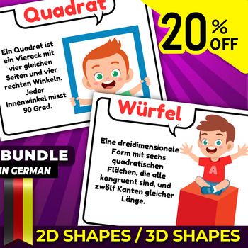 Preview of German Bundle 2D and 3D Shapes Fun Facts Flashcards,Geometry Math 2D & 3D-Formen