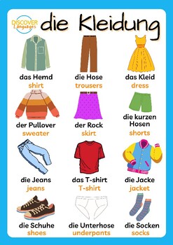 Preview of German Clothes Vocabulary Worksheet & Printable Poster