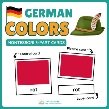 Preview of Colors in German (Dia Farben): Montessori 3-Part Cards, 12 Colors, Bilingual