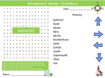 Preview of German Directions Vocabulary Starter Wordsearch Crossword Homework Puzzle