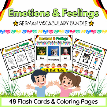 Preview of German Emotions & Feelings Coloring Pages & Flashcards BUNDLE - 48 Printables